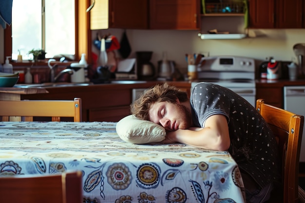 Photo gratuite personne qui dort sur la table à manger