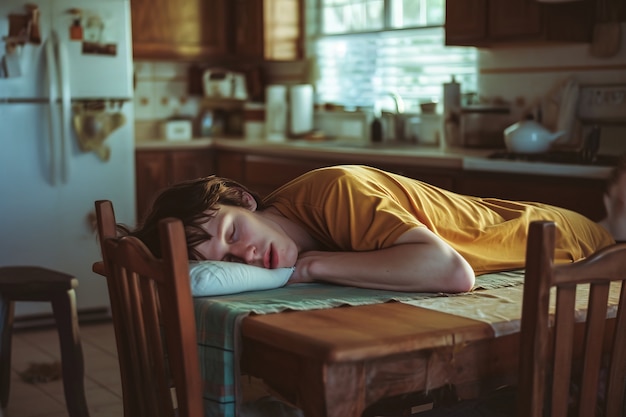 Photo gratuite personne qui dort sur la table à manger