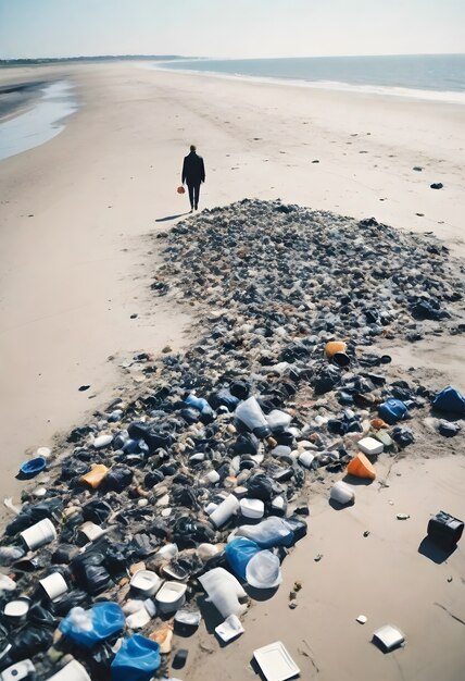 Une personne qui se promène sur une plage pleine de déchets.