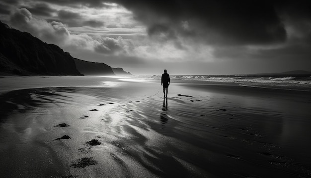 Une personne se tient debout sur une plage dans le noir.