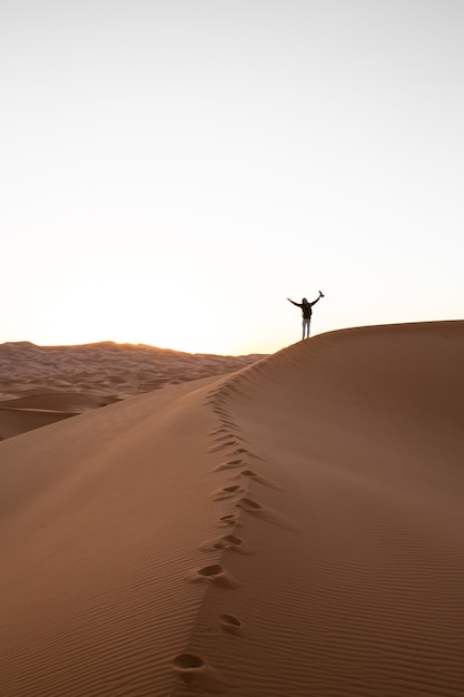 Personne seule debout au sommet d'une dune de sable dans un désert au coucher du soleil