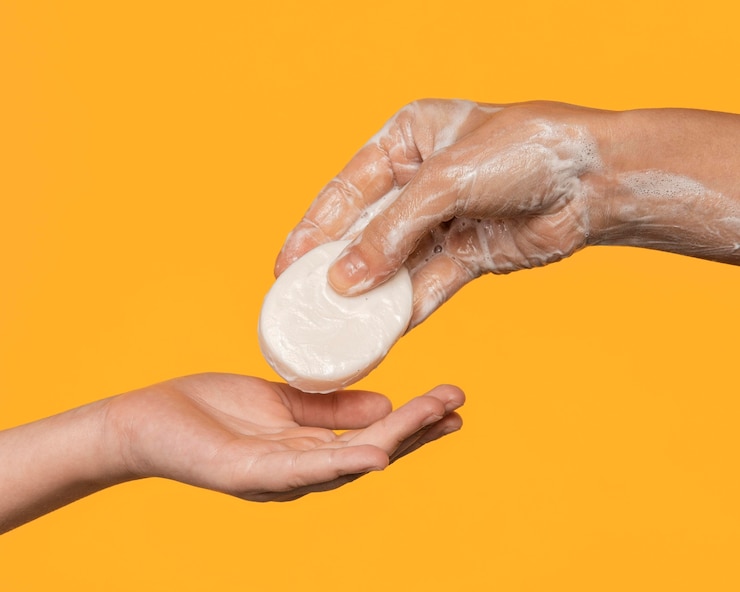 Photo gratuit une personne tendant un savon à une autre