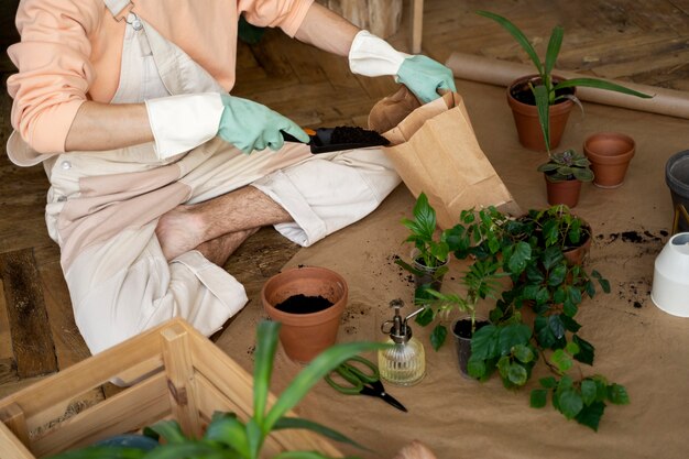 Personne transplantant des plantes dans de nouveaux pots