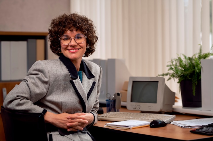 Photo gratuit personne travaillant à un bureau dans un bureau de style vintage des années 90