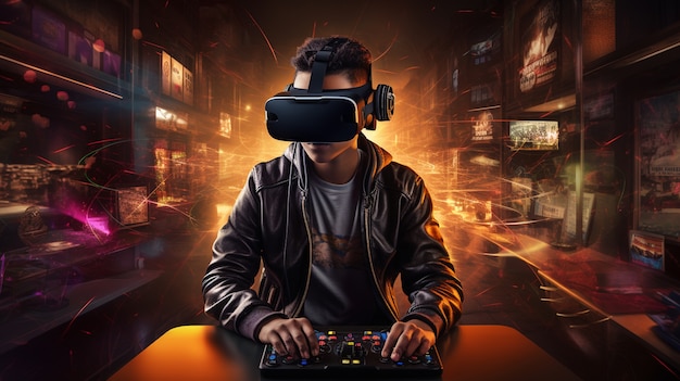 Photo gratuite personne utilisant un casque de réalité virtuelle futuriste pour les jeux vidéo