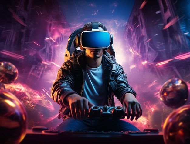 Personne utilisant un casque de réalité virtuelle futuriste pour les jeux vidéo