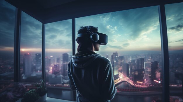 Personne utilisant un casque de réalité virtuelle futuriste