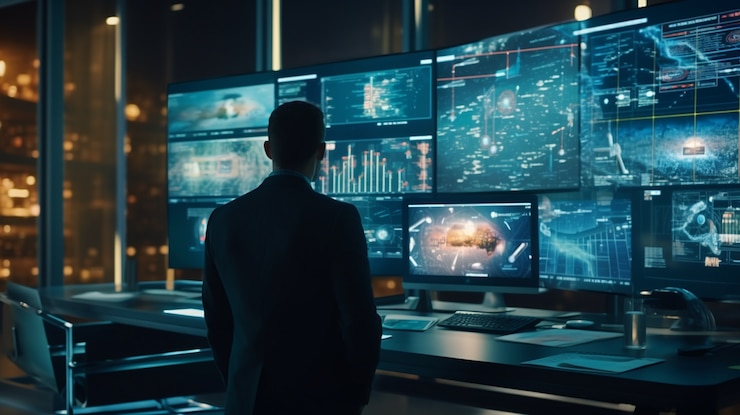 Photo gratuit personnel d'affaires dans un environnement d'affaires futuriste