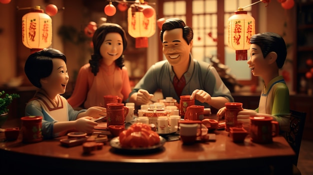 Des personnes en 3D profitent d'un dîner de réunion lors de la célébration du Nouvel An chinois