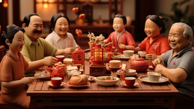 Des personnes en 3D profitent d'un dîner de réunion lors de la célébration du Nouvel An chinois