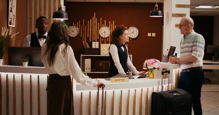 Photo gratuit des personnes âgées arrivent dans le hall de l'hôtel.