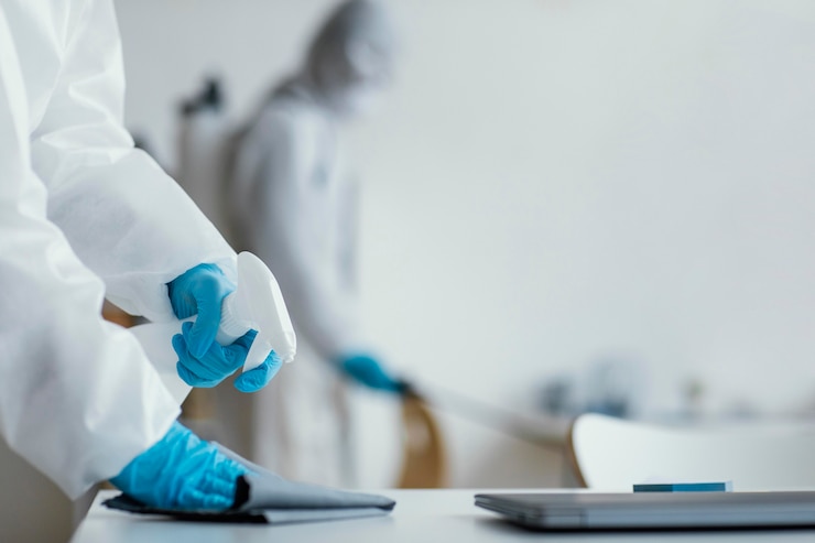 Photo gratuit personnes désinfectant une zone à risque biologique