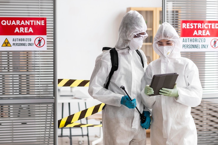 Photo gratuit personnes en équipement de protection désinfectant une zone dangereuse