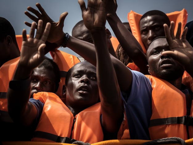 Des personnes portant des gilets de sauvetage lors d’une crise migratoire