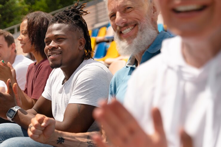 Photo gratuit personnes regardant un match de football par une journée ensoleillée