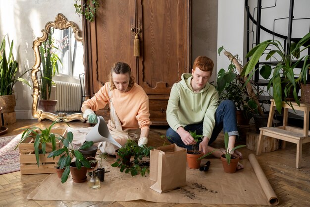 Personnes repiquant des plantes dans de nouveaux pots