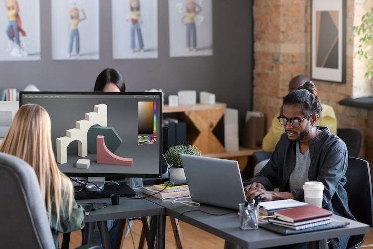 Photo gratuit personnes travaillant ensemble dans un studio d'animation