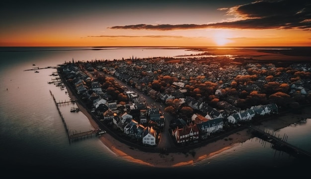 Photo gratuite perspective aérienne vue imprenable sur le coucher de soleil sur la ville côtière générative ai