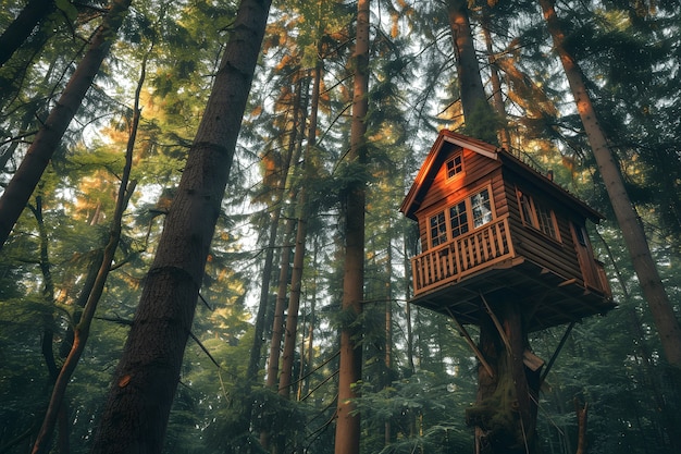 Photo gratuite perspective de l'arbre avec une belle canopée et une maison d'arbre