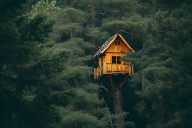 Photo gratuite perspective de l'arbre avec une belle canopée et une maison d'arbre