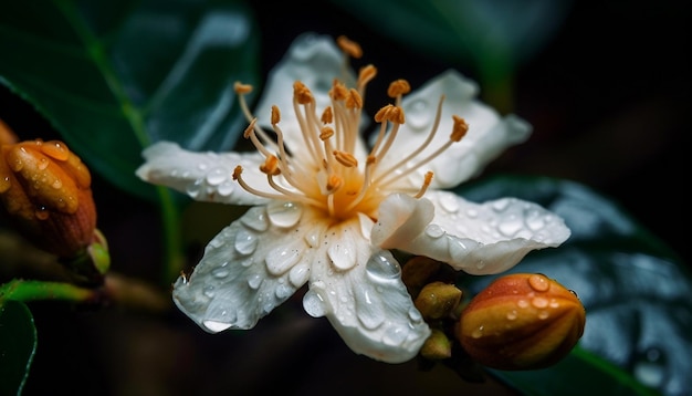 Photo gratuite pétale jaune avec goutte de pluie sur une herbe fraîche générée par l'ia