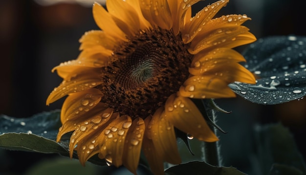 Pétale de tournesol vibrant mouillé de rosée du matin générée par l'IA