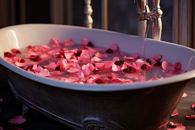 Des pétales de rose dans la baignoire