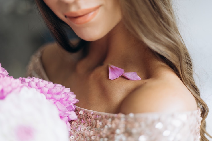 Photo gratuit les pétales roses se trouvent sur les épaules d'une belle femme sensible
