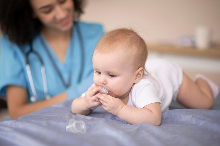 Photo gratuit petit bébé étant à la clinique de santé pour la vaccination
