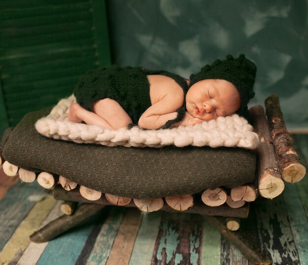 Petit bébé en vêtements de laine vert foncé dort sur un lit en bois