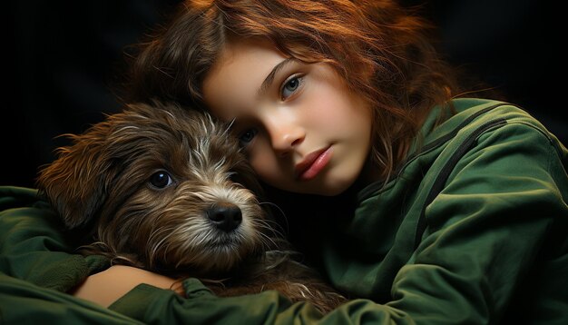 Photo gratuite un petit chien mignon embrassant un enfant souriant généré par l'intelligence artificielle