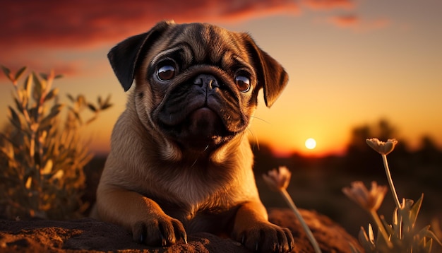 Un petit chiot mignon assis sur l'herbe regardant le coucher du soleil généré par l'intelligence artificielle