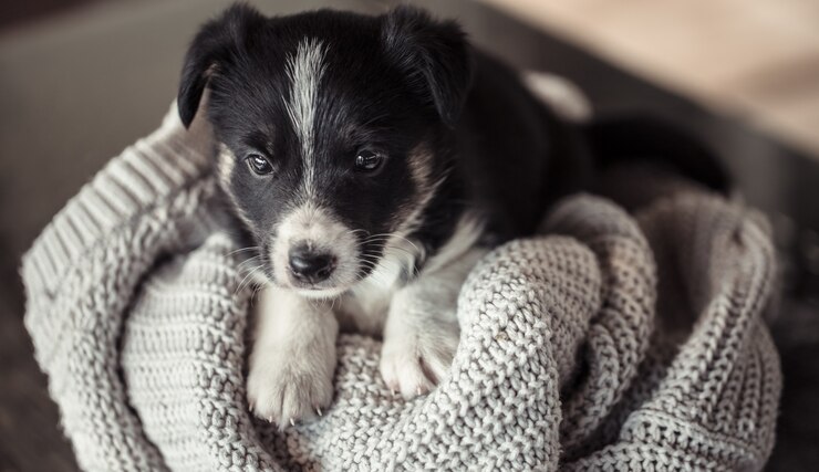 Photo gratuit petit chiot mignon couché avec un pull.