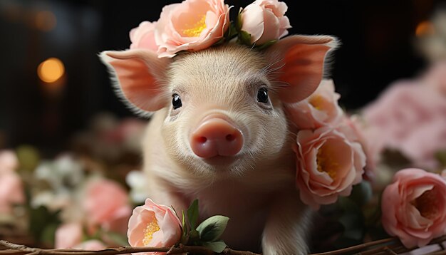 Photo gratuite un petit cochon mignon à l'extérieur entouré de fleurs roses et de la nature générée par l'intelligence artificielle