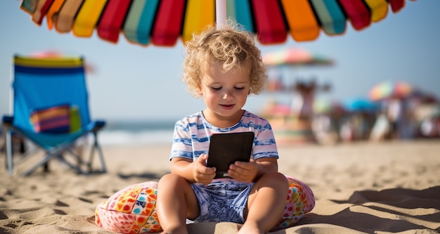 Petit enfant plein de tir avec tablette