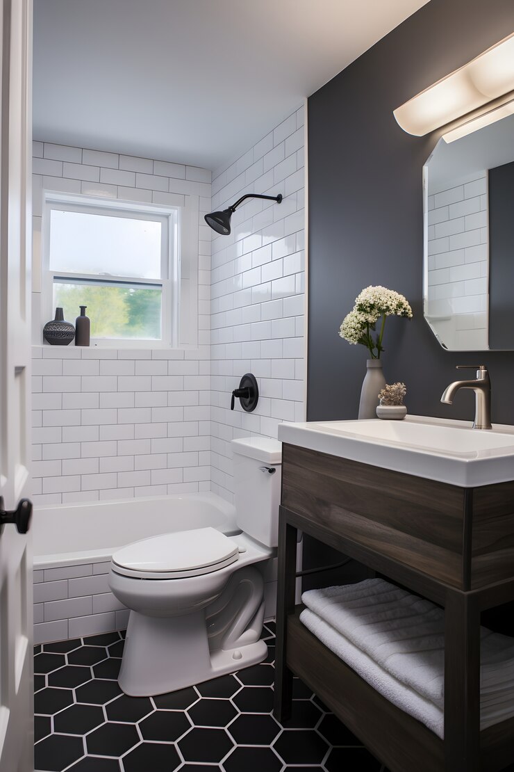 Photo gratuit petit espace salle de bain avec mobilier de style moderne