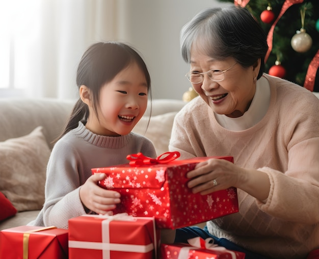 Photo gratuite le petit-fils et la grand-mère échangent des cadeaux de noël.