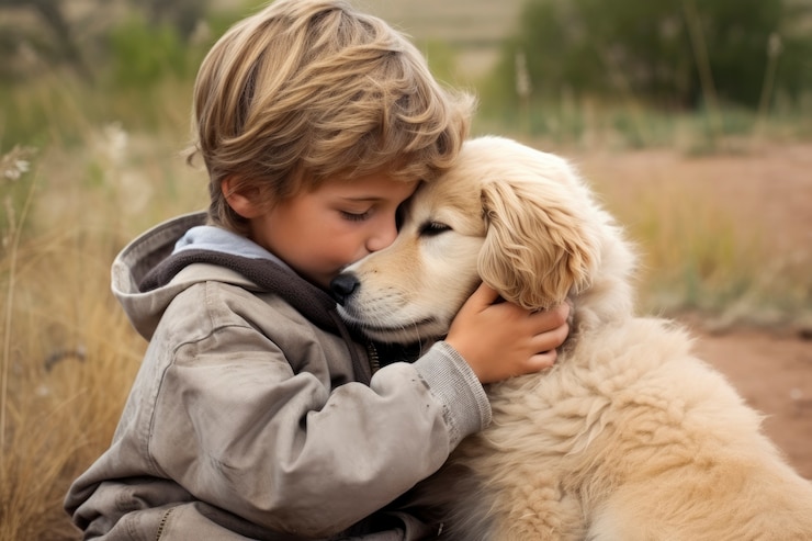 Photo gratuit un petit garçon montre de l'affection à son chien de compagnie