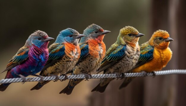 Petit groupe de guêpiers aux couleurs vives perchés sur une branche générée par l'IA