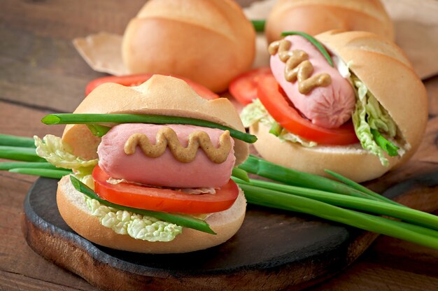 Photo gratuite petit hot-dog gai avec saucisse et tomate