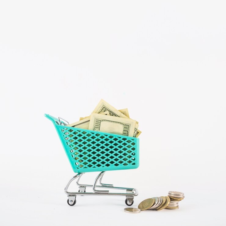 Photo gratuit petit panier d&#39;épicerie avec de l&#39;argent