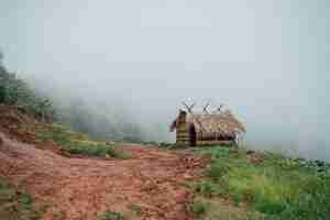 Photo gratuite petite cabane pour le repos du fermier dans le brouillard