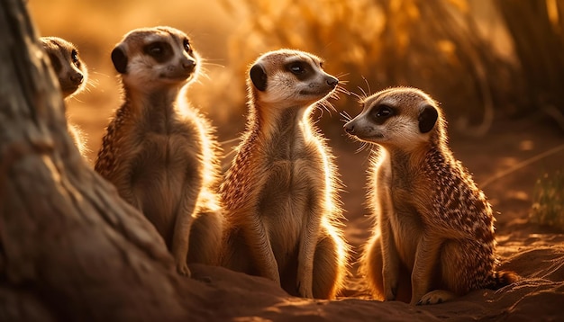 Photo gratuite petite famille de suricates assise dans une bonne posture générée par l'ia