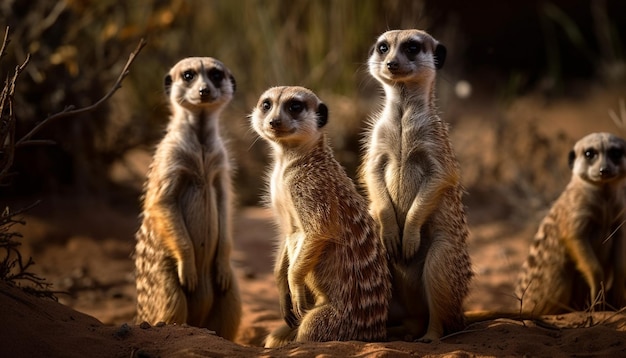 Photo gratuite petite famille de suricates debout dans une rangée générée en alerte par l'ia