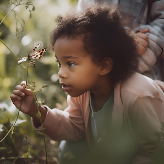 Photo gratuite une petite fille afro-américaine assise sur l'herbe et regardant un papillon.