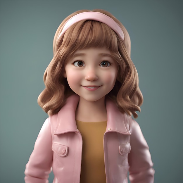 Photo gratuite petite fille dans une veste rose sur un fond gris rendu 3d