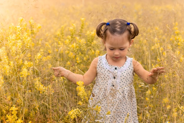 Petite fille mignonne dans une robe légère 1-3 dans le domaine des épillets de seigle en été