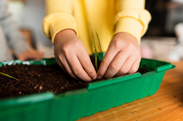 Petite fille plantant des pousses à la maison