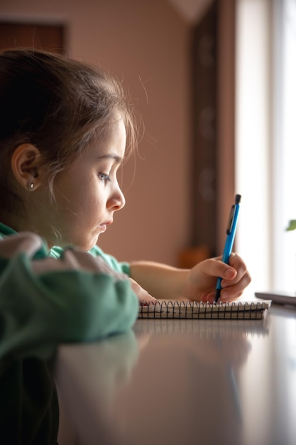 Petite fille sérieuse écrit avec un stylo dans un cahier
