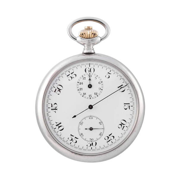 Petite horloge en argent sur une surface blanche